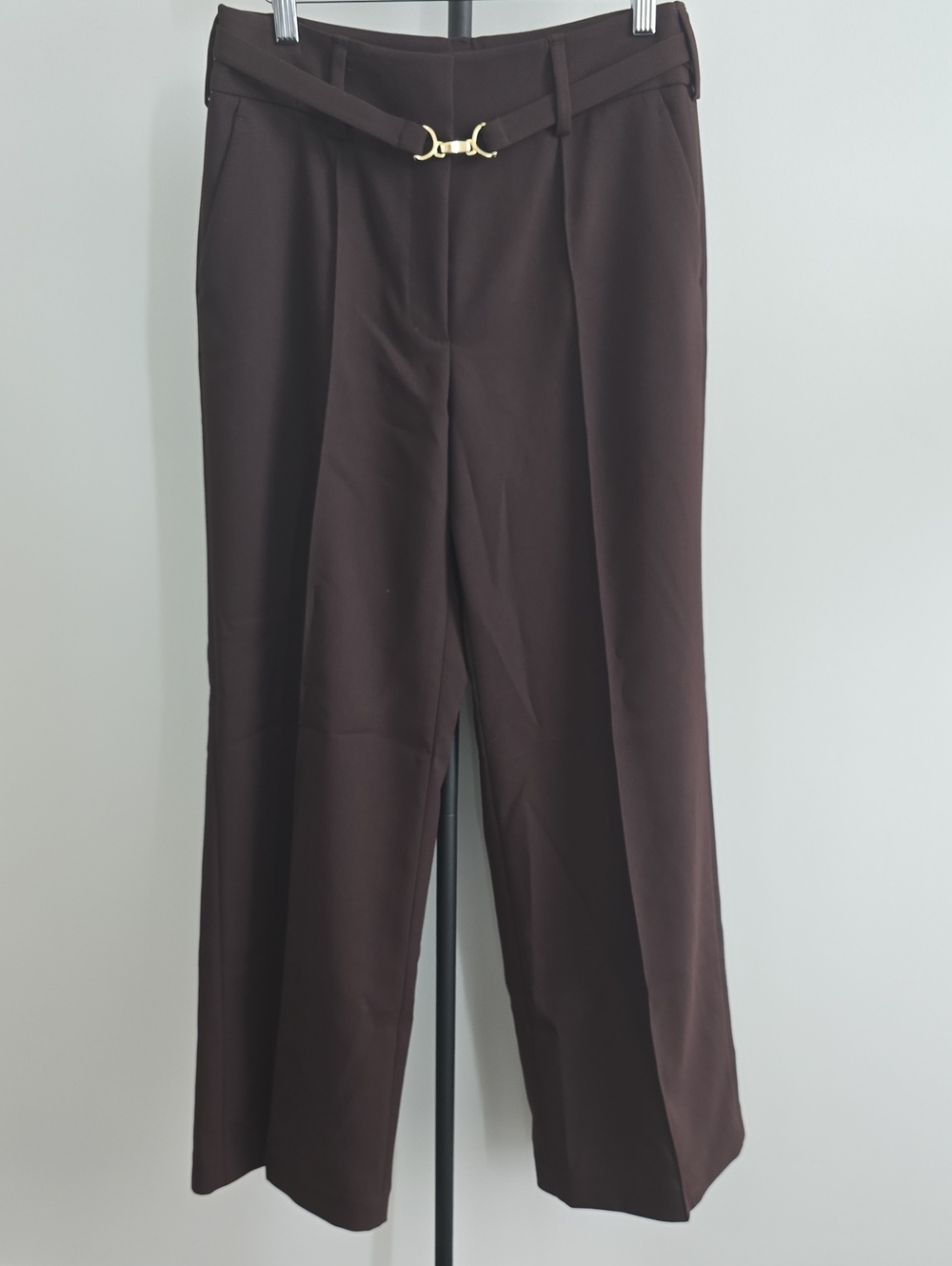 Elie Tahari Chocolate Brown Wide-Leg Trousers with Gold Buckle